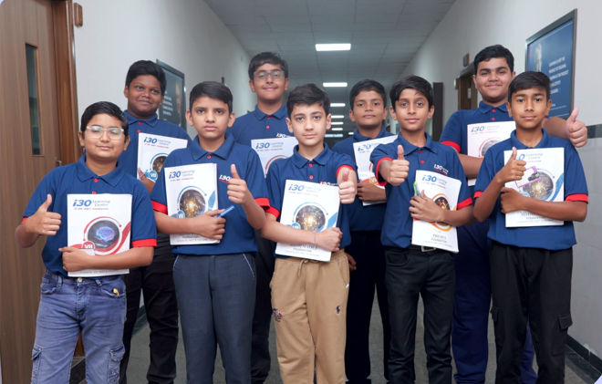 Hand pointing at papers/study material